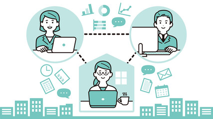 テレワーク、リモートワークでつながるビジネスパーソンのイラスト　男性　女性　ビルの背景