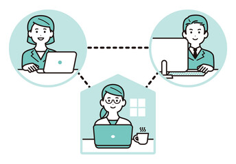テレワーク、リモートワークでつながるビジネスパーソンのイラスト　男性　女性
