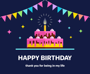 Happy Birthday celebrating card with bright bunting flags and cake.