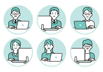 パソコン作業をしているビジネスパーソン　アイコンのイラスト素材セット　男性　女性　スーツ　私服
