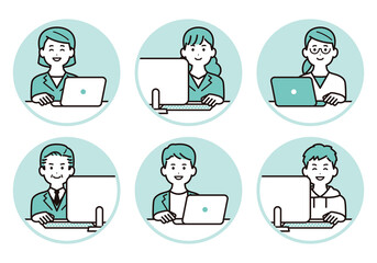 パソコン作業をしているビジネスパーソン　アイコンのイラスト素材セット　男性　女性　スーツ　私服
