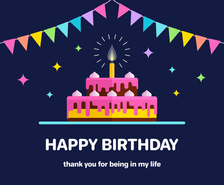 Happy Birthday celebrating card with bright bunting flags and cake.