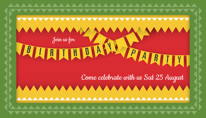 Birthday party invitation or announcing card template with bright banners and bunting flags in scrapbooking style.
