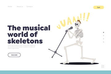 Musical world of skeleton concept of rock festival landing page with skull singer singing in micro