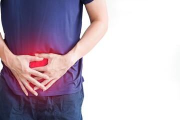 Man with abdominal pain, stomach ache on white background, painful area highlighted in red
