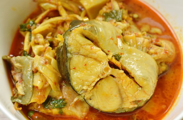 spicy boiled bamboo shoot with slice catfish in coconut milk and curry on bowl