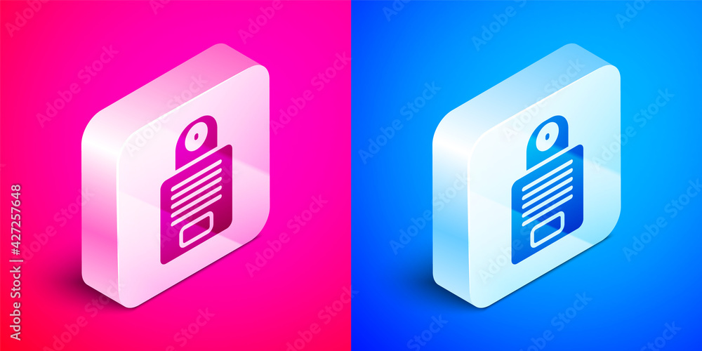 Poster isometric intercom icon isolated on pink and blue background. silver square button. vector