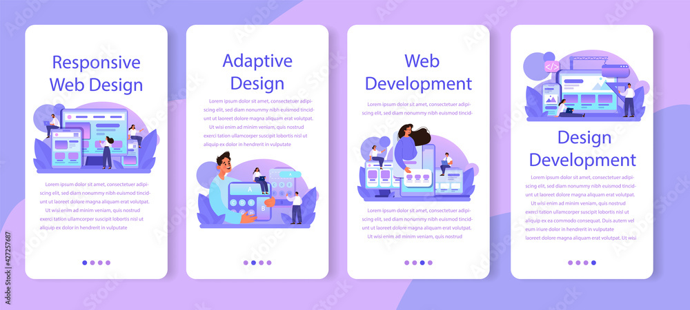 Poster responsive web design mobile application banner set. adaptive content