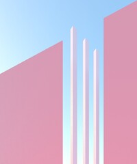 Blue sky, pink pastel background with copy space.80s 70s 60s vibe - 3d rendering. Architectural construction for bright summer advertisement
