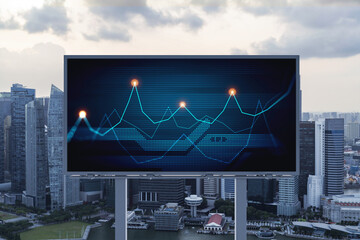 Glowing FOREX graph hologram on billboard, aerial panoramic cityscape of Singapore at sunset. Stock and bond trading in Southeast Asia. The concept of fund management.