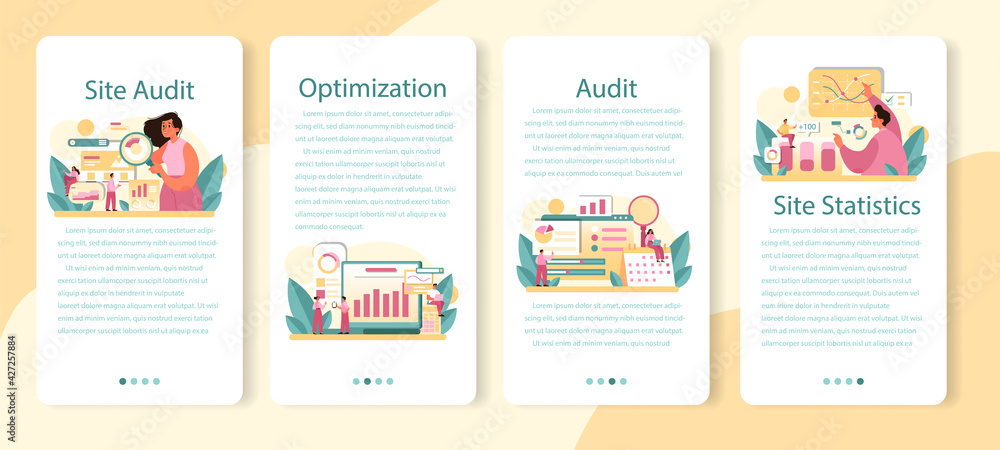 Poster website audit mobile application banner set. web page analysis of website'