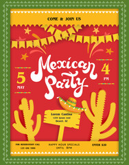 Mexican party invitation or announcing poster template with bright decorations in scrapbooking style.