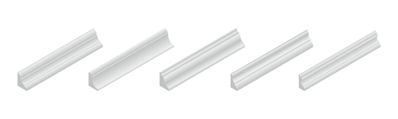 Vector illustration different shapes skirting boards for wall or floor isolated on white background. Set of realistic white baseboard icons in flat cartoon style. Isometric plastic or wood moldings.