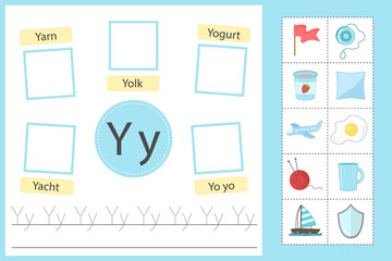 Alphabet tracing worksheet for preschool and kindergarten. Writing practice letter Y. Exercises with cards for kids. Vector illustration