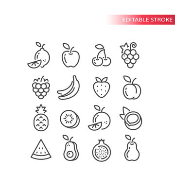 Fruit line vector icon set. Apple, banana, lemon, pineapple outline fruits, editable stroke.