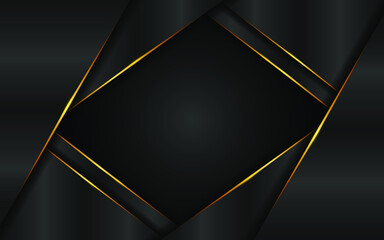Abstract elegant gray triangular shape overlapping multiple layers with golden lines on black background. Concept of modern technology innovation