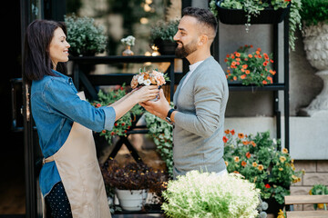 Outdoors shopping, pick up order from flower studio and creative work in store