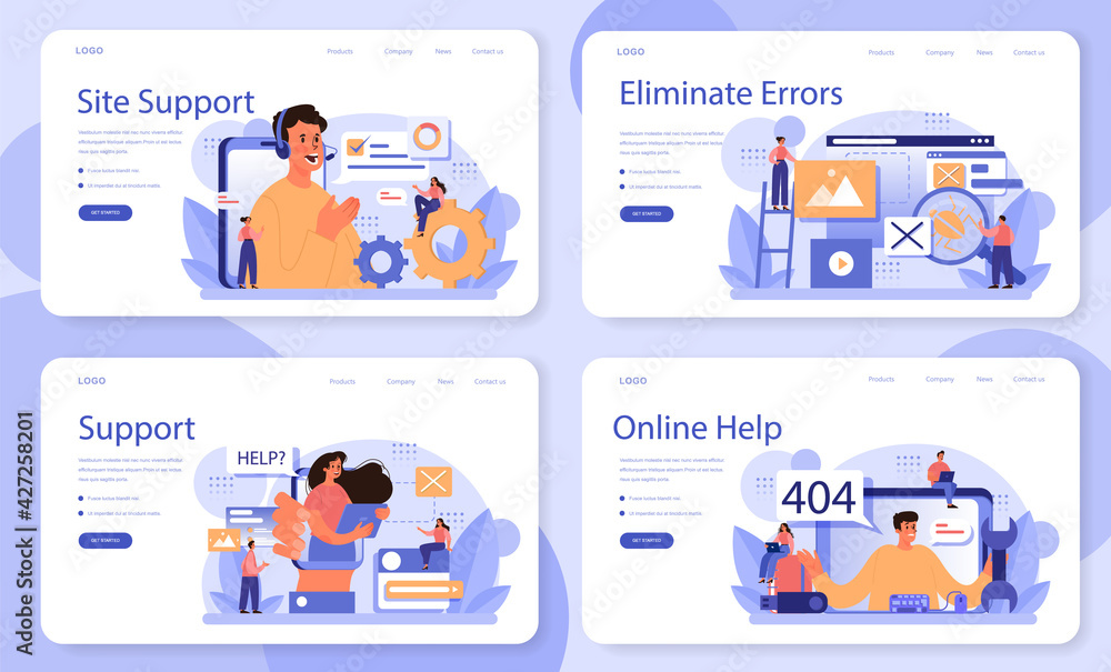 Poster website technical support web banner or landing page set. idea of web page