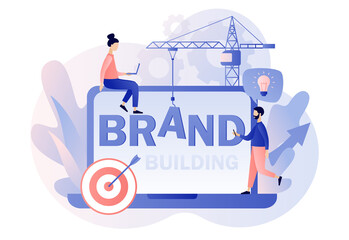 Brand building. Tiny people working on branding. Corporate identity. Company development. Self-positioning, individual brand strategy.Modern flat cartoon style. Vector illustration on white background