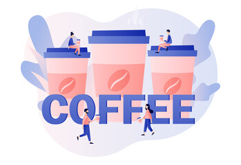 Coffee -text and big cups. Coffee break concept. Tiny people businessmen relaxing, talking and drinking coffee. Lunch time in office. Modern flat cartoon style. Vector illustration on white background