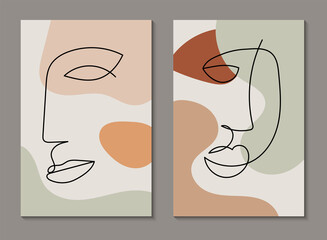 Modern line art face. Set of abstract backgrounds with minimal shapes and lines. Home decor design. Hand drawn watercolor effect painting shapes and line art faces. Contemporary boho design.