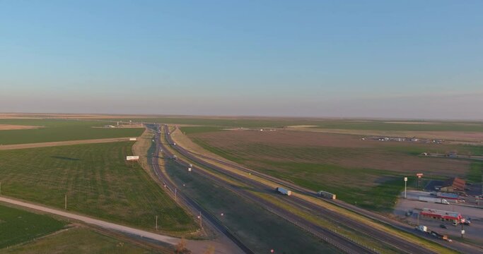 Aerial view highway interstate in the desert near San Jon New Mexico USA