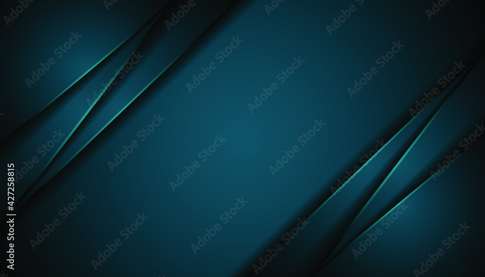 Poster luxurious dark green triangles overlapping multiple layers with luminous blue lines. modern luxury b