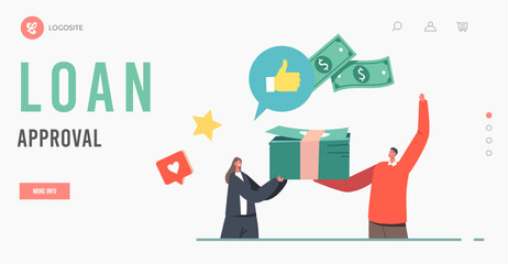 Loan Approval Landing Page Template. Tiny Banker Character Giving Huge Pile of Money to Customer with Good Credit Score