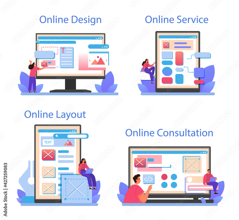 Poster website prototyping online service or platform set. web page modeling