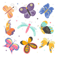 Collection of Exotic tropical cute butterflies. A colorful insects with ornate wings. vector cartoon illustration