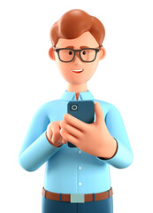 3D illustration of man looking at smartphone and chatting. Close up portrait of cartoon smiling businessman talking and typing on the phone. Communication in social networking, mobile connection.