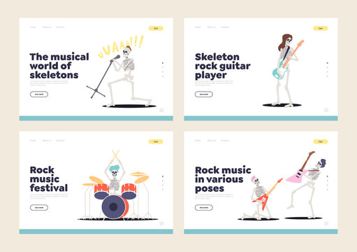 Set of landing page with skeleton musicians playing rock music. Musical festival open stage template