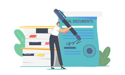 Tiny Lawyer Female Character with Huge Pen Signing Certificate with Seal Stamp. Notary or Attorney Professional Service