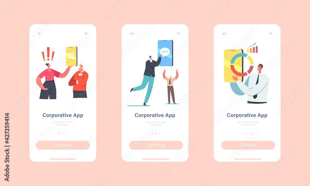 Poster businesspeople use corporative mobile app page onboard screen template. tiny characters with huge sm