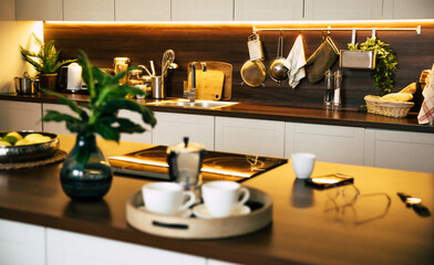 Modern and technology kitchen in new luxury home with wooden island, hardwood floors, white wood cabinets, and stainless steel appliances. Design and interiors concept