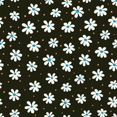 Cute  hand-drawn pattern with decorative chamomile flowers and polka dots on black background in minimalistic childish  style. For textiles, wallpapers, designer paper, etc