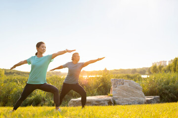 Happy mature couple doing yoga in park