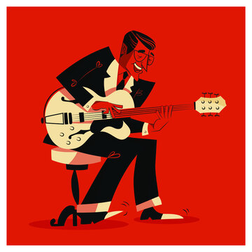 Retro Guitar player - vintage rock'n roll and jazz guitar musician illustration