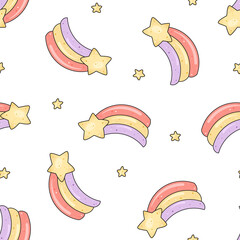 Naklejka premium Kawaii seamless pattern with shooting star with rainbow tail. Cute hand drawn vector sky background for kids fashion, room decor, nursery art, print, fabric, wrapping paper, textile, wallpaper, gift.
