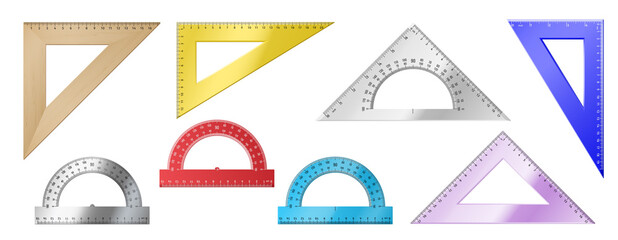 Set of realistic triangular rulers and protractors isolated on white background