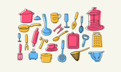 A set of kitchen utensils, kitchen utensils, dishes. doodle. Vector graphics. Isolated on white background.
