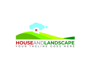 little house upon hill with cloud for house and landscape logo