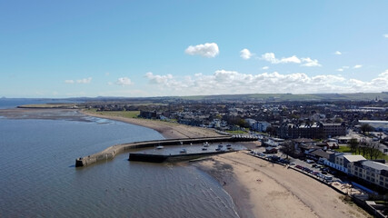 Fototapeta na wymiar Musselburgh Beach and Fisherrow Harbour aerial view, Musselburgh, Scotland