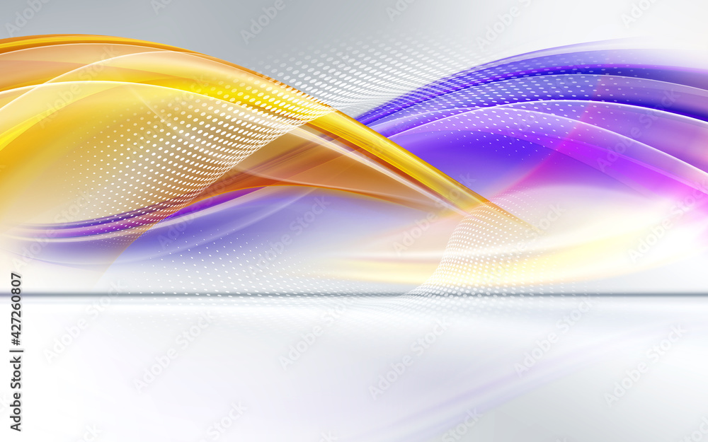 Poster empty futuristic white room background with colorful waves. studio texture display area.