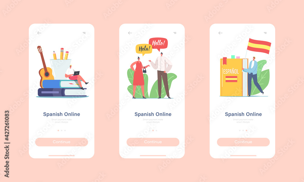 Poster characters learning spanish language course online mobile app page onboard screen template. characte