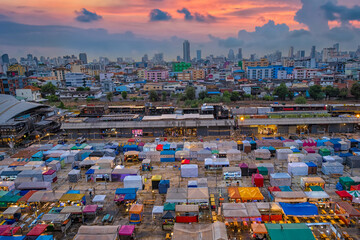Sunset over the famous train market in Bangkok, Thailand