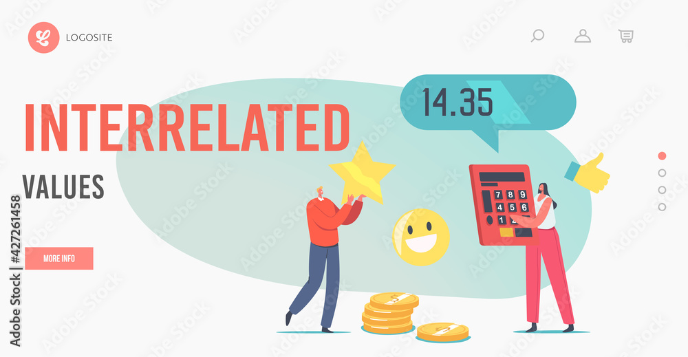 Poster interrelated values landing page template. price and quality balance. tiny characters holding huge c