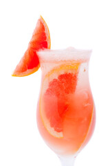 Close up of cocktail glass of grapefruit juice with peaces of grapefruit inside, isolated