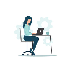 Office work concept. Colored flat vector illustration of home workplace. A woman with a laptop works sitting behind a desk.