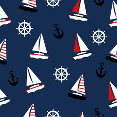 Colorful seamless pattern with sailboat, anchor and steering wheel.
